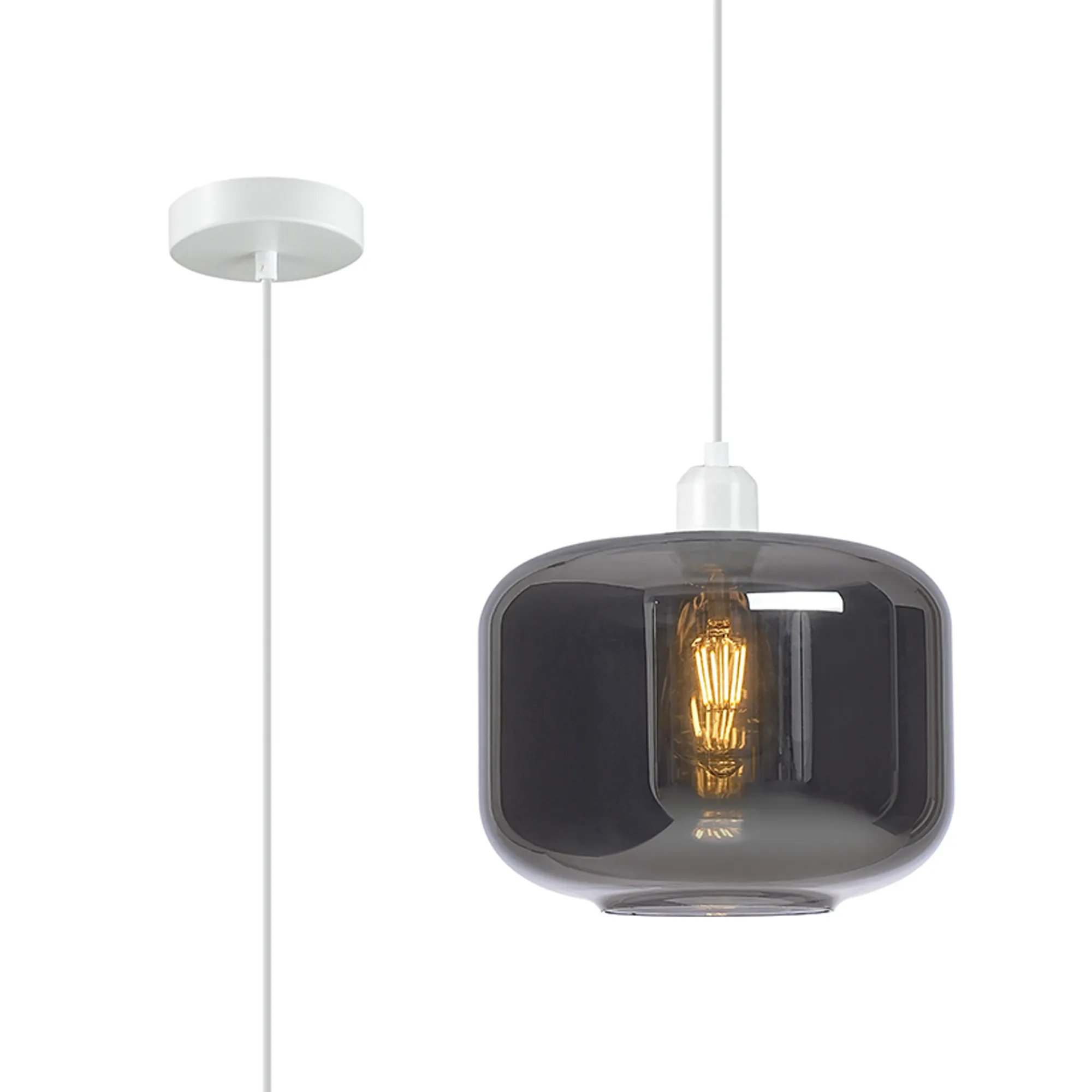 DK1146  Cawdor Single Pendant, 1 Light E27, Matt White/Smoke Pumpkin Glass